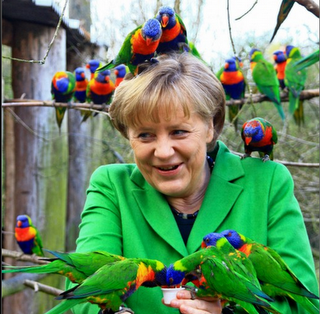 FOTO DEL GIORNO 17 APRILE 2012 : MERKEL INVASA DA PAPPAGALLI