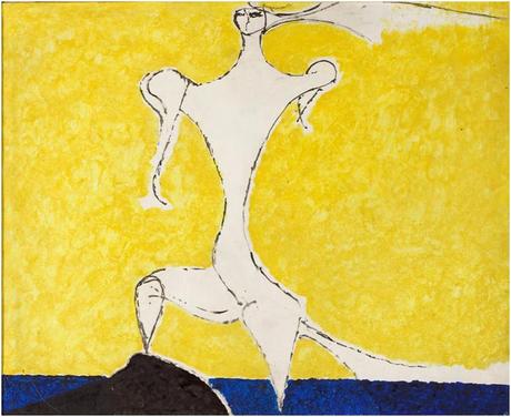 OSVALDO LICINI, Angelo ribelle su fondo giallo, 1949, olio su carta applicata su tela, 38,5x48 cm, Collezione privata, courtesy Claudio Poleschi Arte