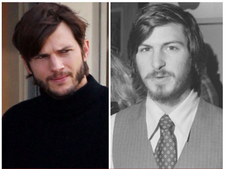 Prime foto di Ashton Kutcher vestito come Steve Jobs