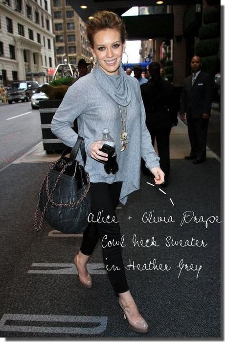 Hilary Duff: Chanel Fall 2010 tote bag & Alice+Olvia drape cowl neck sweater