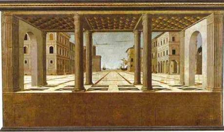 Pittore dell'Italia Centrale, Città ideale, 1470/1480/1490, Staatliche Museen Gemӓldegalerie, Berlino Il Rinascimento matematico e le città ideali: Urbino, Baltimora, Berlino