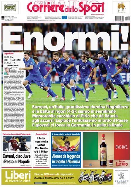 Italia in semifinale: prime pagine giornali italiani e inglesi