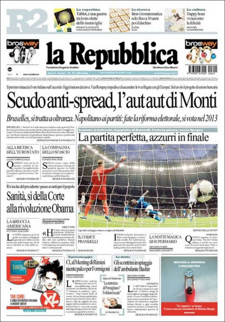 Italia in finale: prime pagine giornali italiani e tedeschi