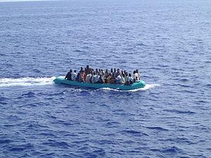 Arrival of immigrants in the sea of Lampedusa,...