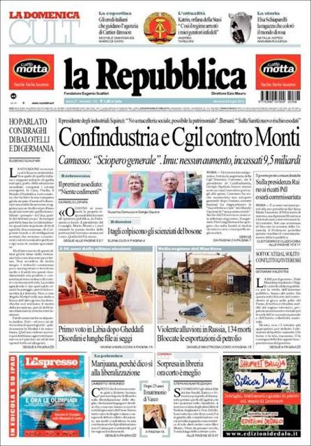 Prime pagine giornali: domenica 8 luglio 2012