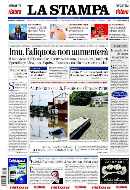 Prime pagine giornali: domenica 8 luglio 2012