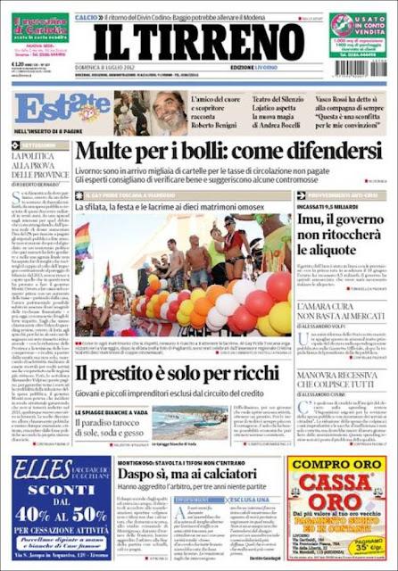 Prime pagine giornali: domenica 8 luglio 2012