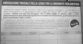 Arriva a scadenza la raccolta firme per il referendum parzialmente abrogativo sulla legge per le indennità parlamentari: 30 luglio 2012