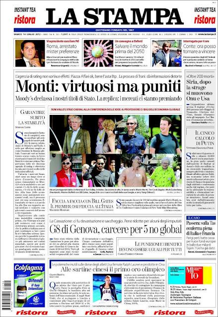 Prime pagine giornali: sabato 14 luglio 2012