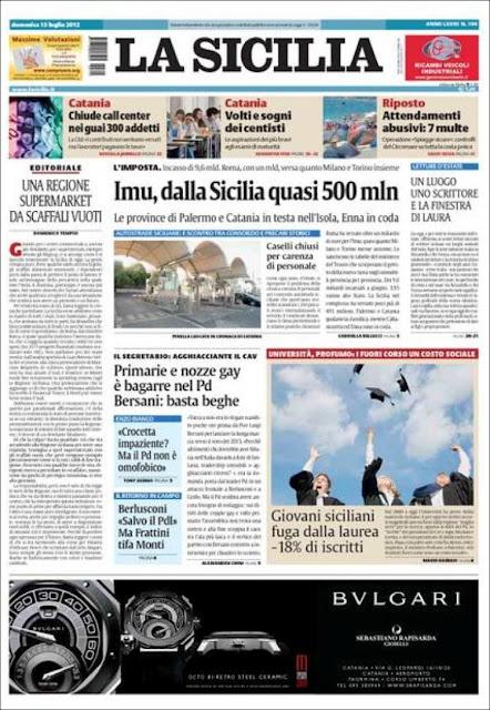 Prime pagine giornali: domenica 15 luglio 2012