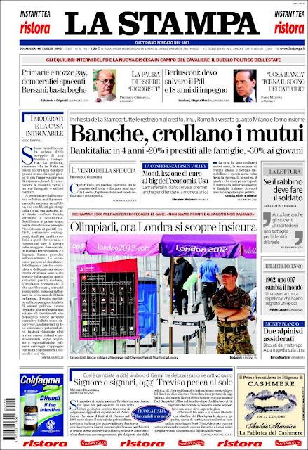 Prime pagine giornali: domenica 15 luglio 2012