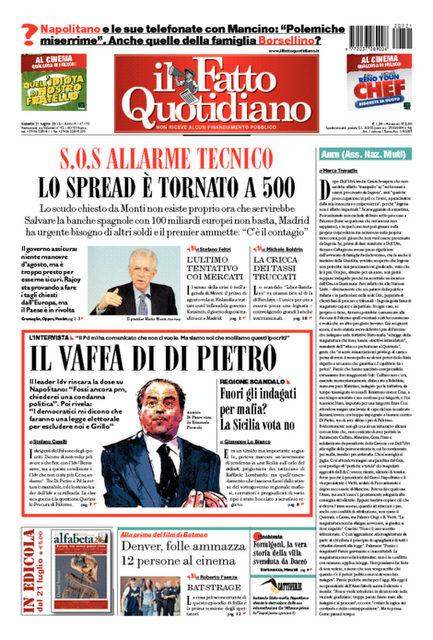 Prime pagine giornali: sabato 21 luglio 2012