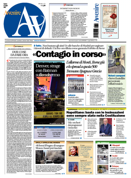 Prime pagine giornali: sabato 21 luglio 2012