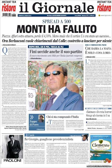 Prime pagine giornali: sabato 21 luglio 2012