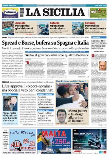 Prime pagine giornali: sabato 21 luglio 2012