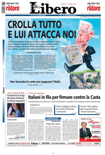 Prime pagine giornali: sabato 21 luglio 2012