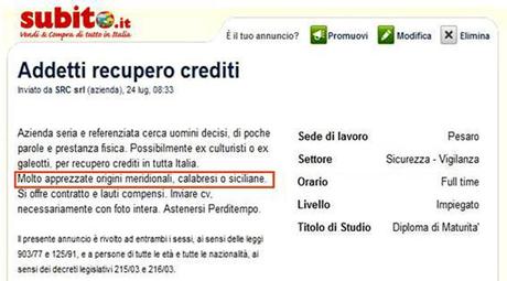 Razzismo tricolore: azienda di recupero crediti di Pesaro cerca galeotti meridionali