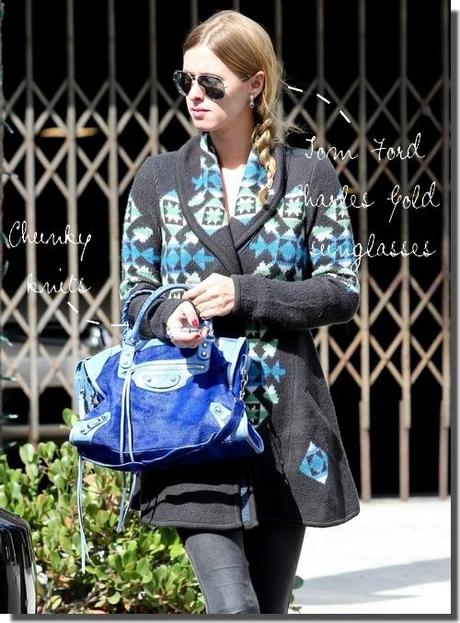 Nicky Hilton: Chunky knit, Balenciaga pony hair bag & YSL ankle boots