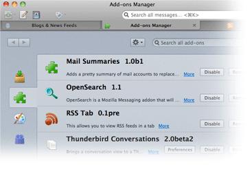 Screenshot del nuovo gestore dei componenti aggiuntivi di Thunderbird 5