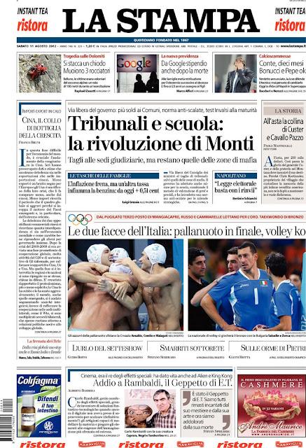 Prime pagine giornali: sabato 11 agosto 2012