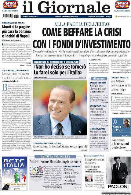 Prime pagine giornali: sabato 11 agosto 2012