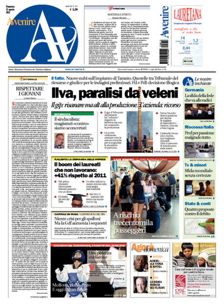 Prime pagine giornali: domenica 12 agosto 2012