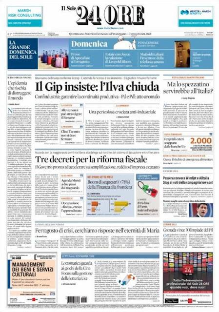 Prime pagine giornali: domenica 12 agosto 2012