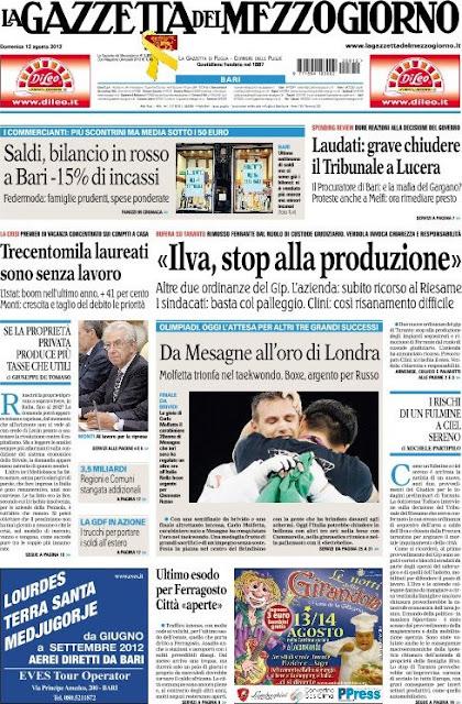 Prime pagine giornali: domenica 12 agosto 2012