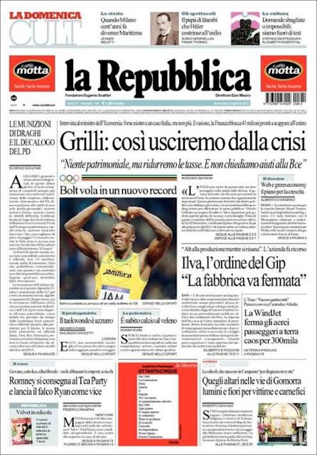 Prime pagine giornali: domenica 12 agosto 2012