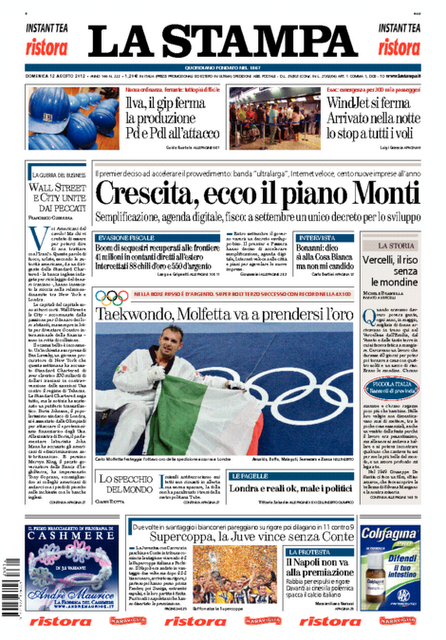 Prime pagine giornali: domenica 12 agosto 2012