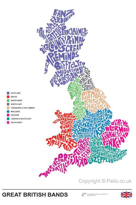 La mappa musicale delle band della Gran Bretagna: i nomi dei gruppi musicali collocati in base alla loro provenienza