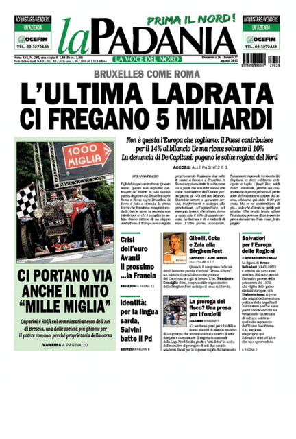 Prime pagine giornali: domenica 26 agosto 2012