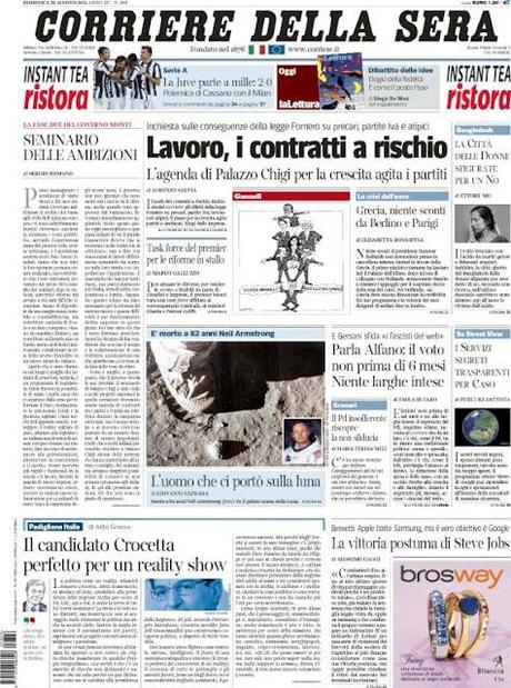 Prime pagine giornali: domenica 26 agosto 2012