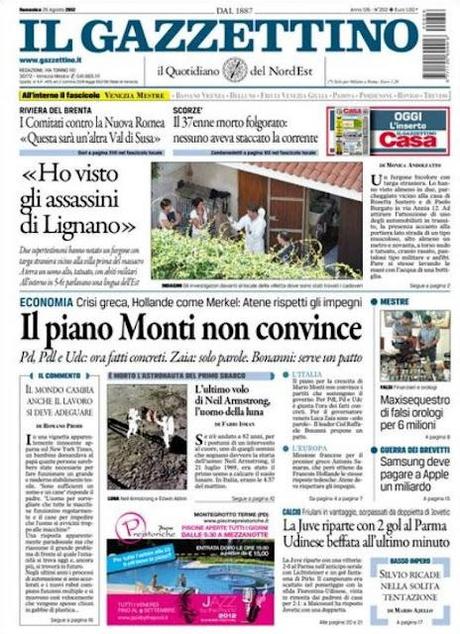 Prime pagine giornali: domenica 26 agosto 2012