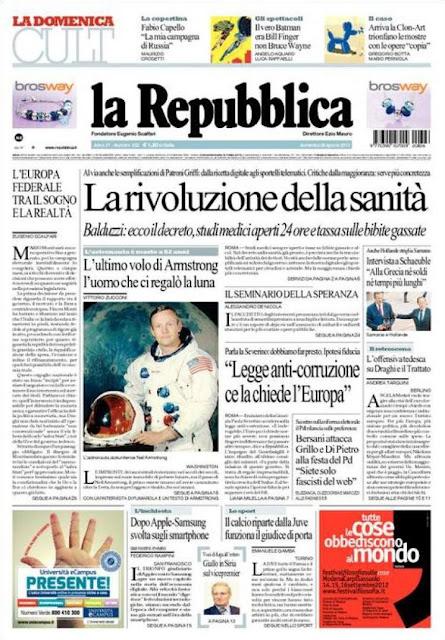 Prime pagine giornali: domenica 26 agosto 2012