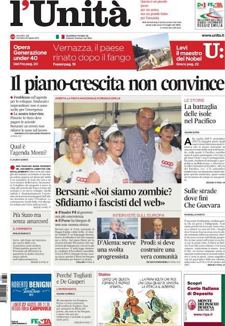 Prime pagine giornali: domenica 26 agosto 2012