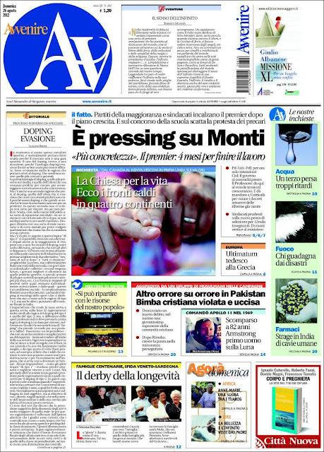 Prime pagine giornali: domenica 26 agosto 2012