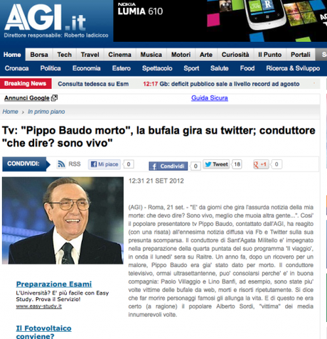 PIPPO BAUDO NON è MORTO E RISPONDE ALLA BUFALA CHE GIRAVA SU TWITTER.