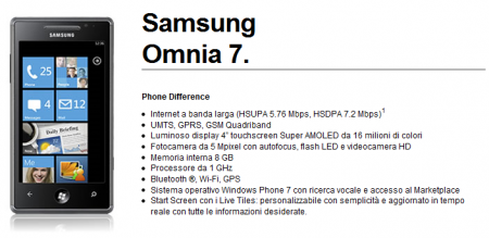 Windows Phone 7: Samsung Omnia 7 disponibile con 3 Italia