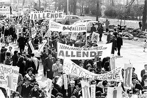 Marchers for Salvador Allende. A crowd of peop...