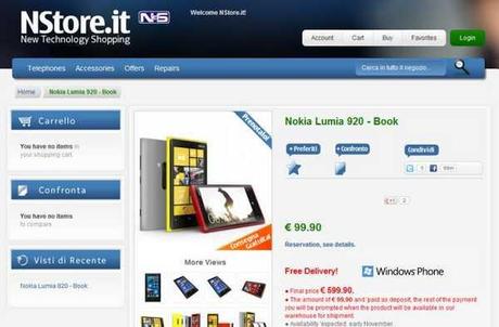 Nokia Lumia 920 e Lumia 820 in pre-order in italia su NStore.it prezzi ufficiali e disponibilità