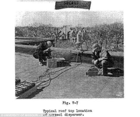 Typical roof-top location of aerosol disperser for St. Louis experiments. Image: University of Missouri - Columbia.
