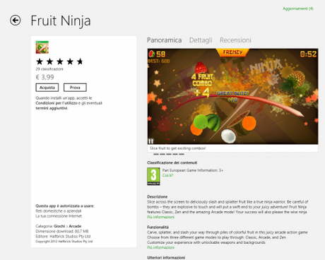 Gioco Fruit ninja per Windows 8, potete scaricarlo direttamente dallo Store Ufficiale di WINDOWS 8: novità giochi Windows 8 fruit ninja.png