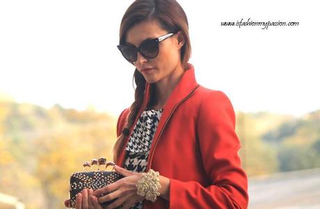 Pied de poule dress, and red coat Pied de poule dress, and red coat