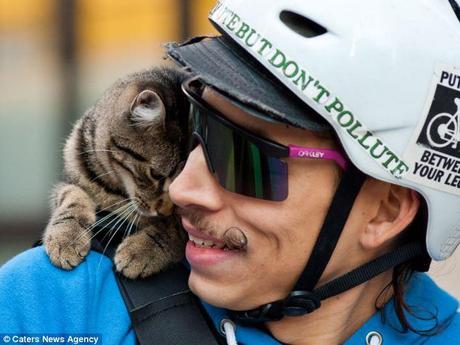 The cat and its Pat: The 25-year-old delivery man began cycling with MJ - short for Mary Jane - on his shoulder for six months