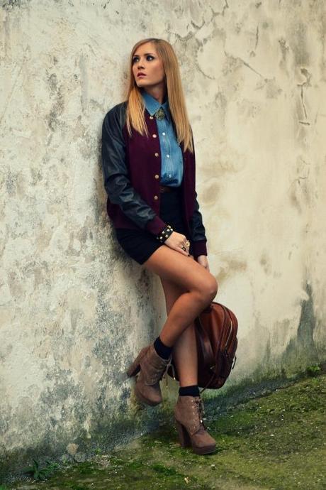 Varsity jacket, Denim shirt and Vintage Backpack