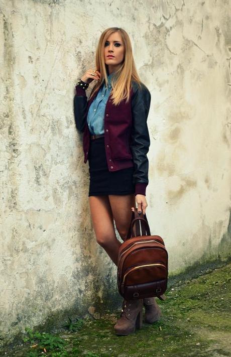 Varsity jacket, Denim shirt and Vintage Backpack
