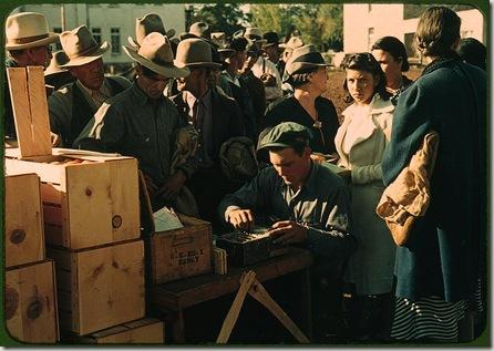 Distributing surplus commodities. St. Johns, Arizona, October 1940. Reproduction from color slide. Photo by Russell Lee. Prints and Photographs Division, Library of Congress