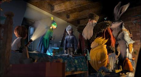 (Left to right)         Jamie (Dakota Goyo) awakens to find The Guardians—Tooth (Isla Fisher), Jack Frost (Chris Pine), North (Alec Baldwin), Sandman and Bunnymund (Hugh Jackman)—in his bedroom in DreamWorks Animation's RISE OF THE GUARDIANS to be released by Paramount Pictures.