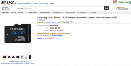 Samsung Micro SD HC 32GB classe 10 con adattatore SD disponibile su Amazon a 19,53 euro